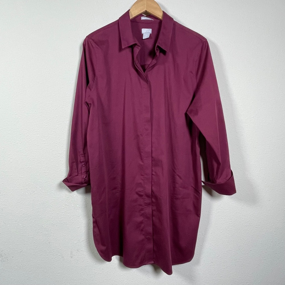 Chico's No-Iron Chic Minimalist Dress 3 16 Burgundy Long Sleeve Button Front